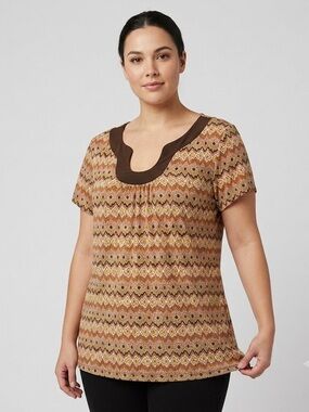 Kim Rogers Women’s XL Blouse Geometric Chevron Short Sleeve Brown Top